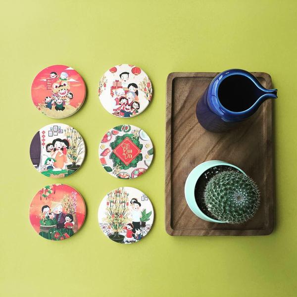 Set Tết 6 Đế Lót Ly Gốm Tròn Mika Coaster J-004-001-S-T