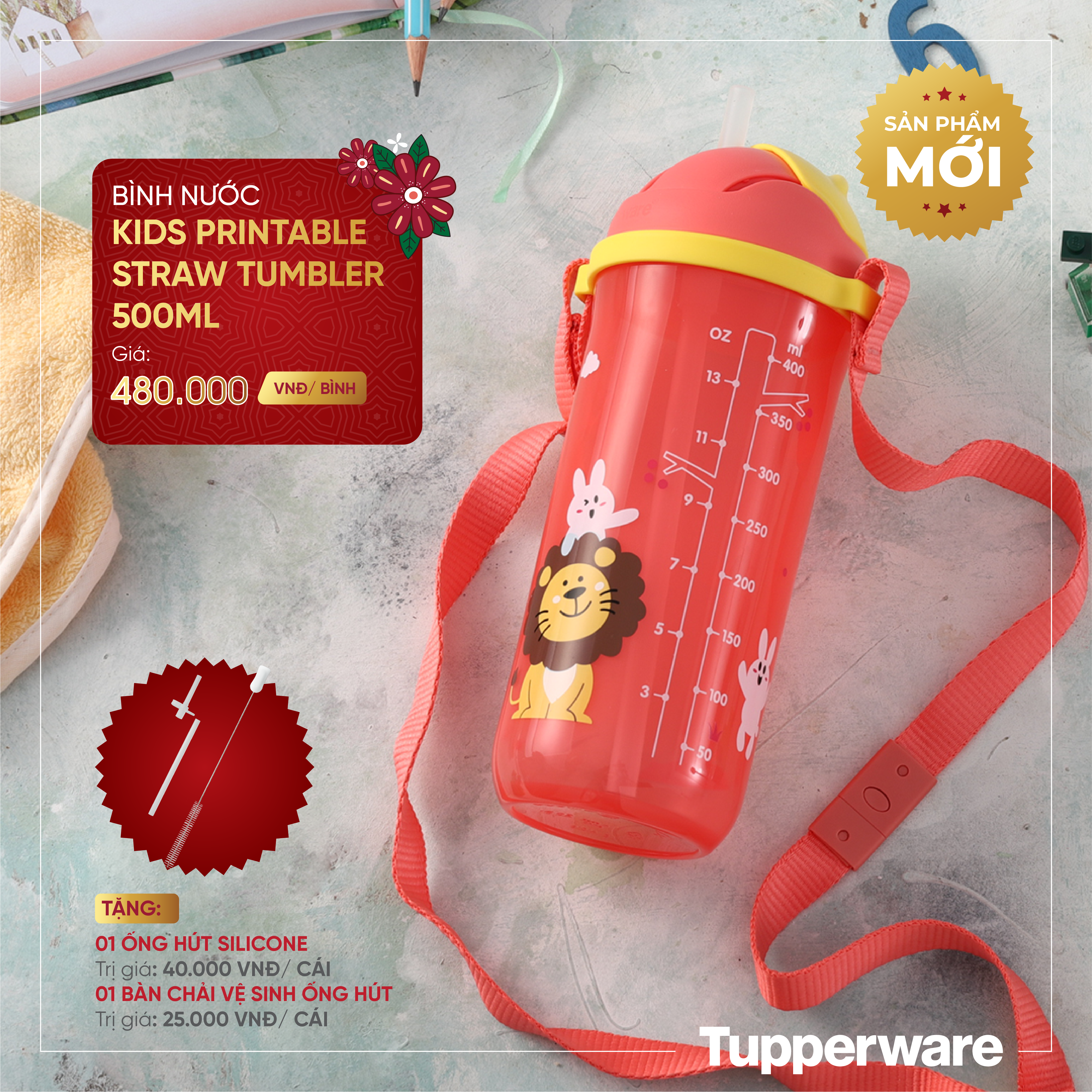 Bình Nước Tupperware Kids Printable Straw Tumbler 500ML