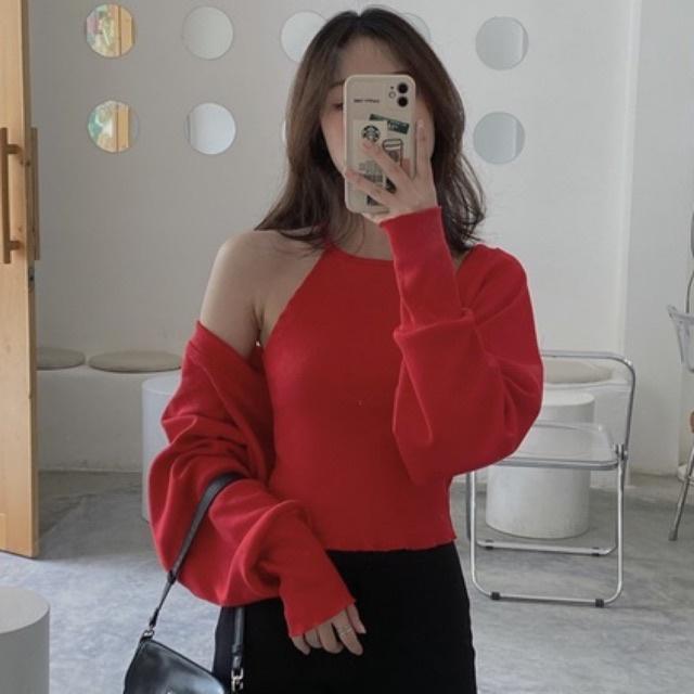SET áo khoác yếm croptop chất bo gân dày tôn dáng che khuyết điểm bắp tay to vai thô ơi