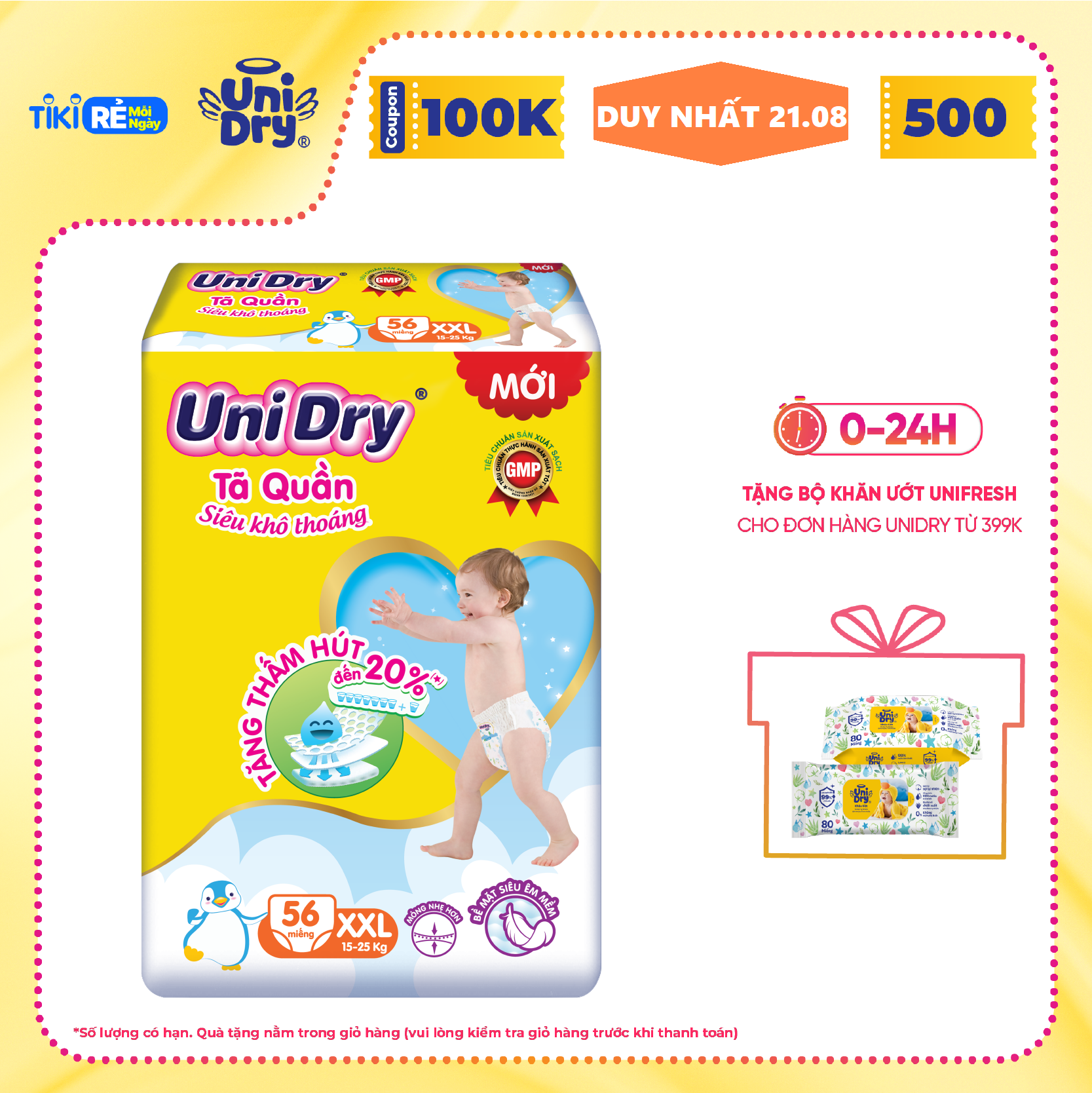 Tã Quần Em Bé Siêu Khô Thoáng Unidry Size XXL56