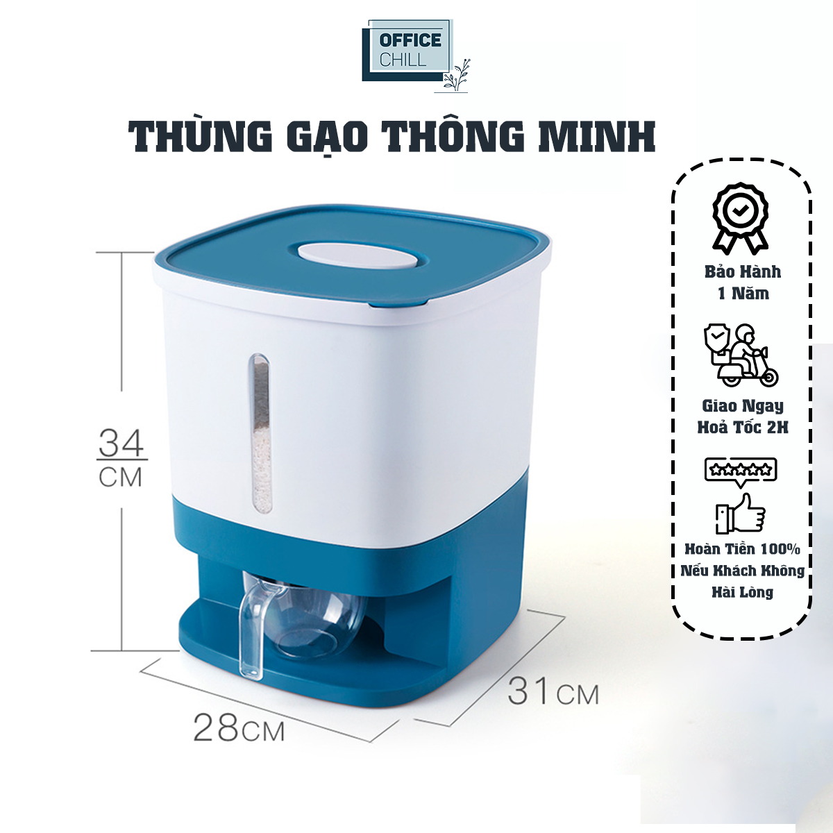 Thùng Gạo Thông Minh Tự Động 10Kg OFFICE CHILL, Thùng Đựng Gạo, Thực Phẩm Vật Liệu Nhựa An Toàn Cho Sức Khỏe Bảo Hành 1 Năm