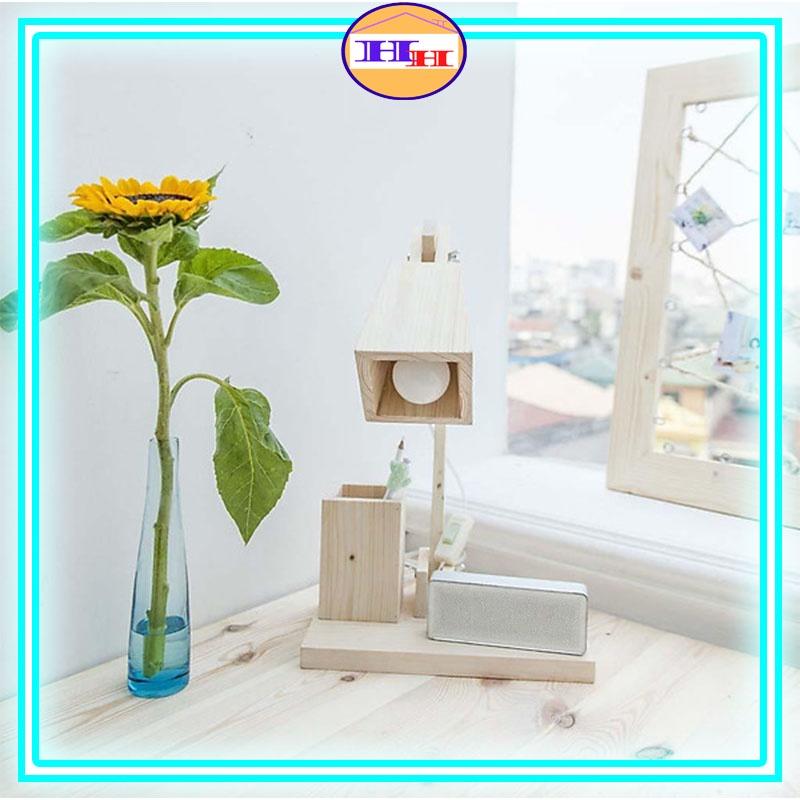 Đèn để bàn bằng gỗ thông - Combo đèn học + hộp bút