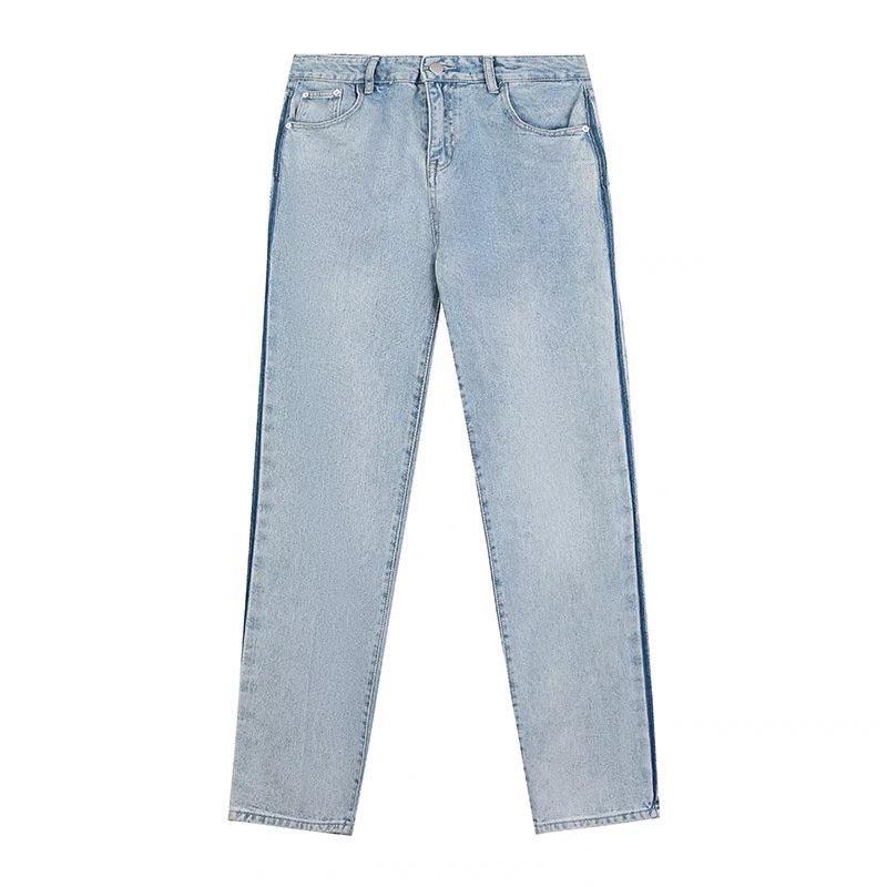 Baggy jeans - jeans nam nữ ống rộng xanh có phối sọc xanh