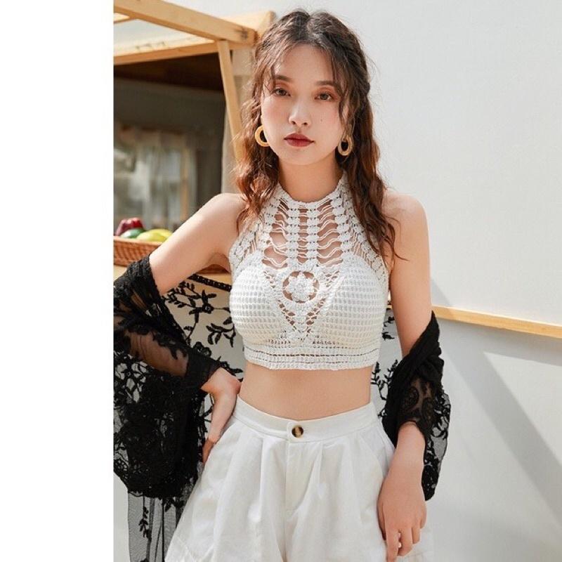 Áo bra len móc cổ yếm có đệm mút cho nữ️bikini đi biển
