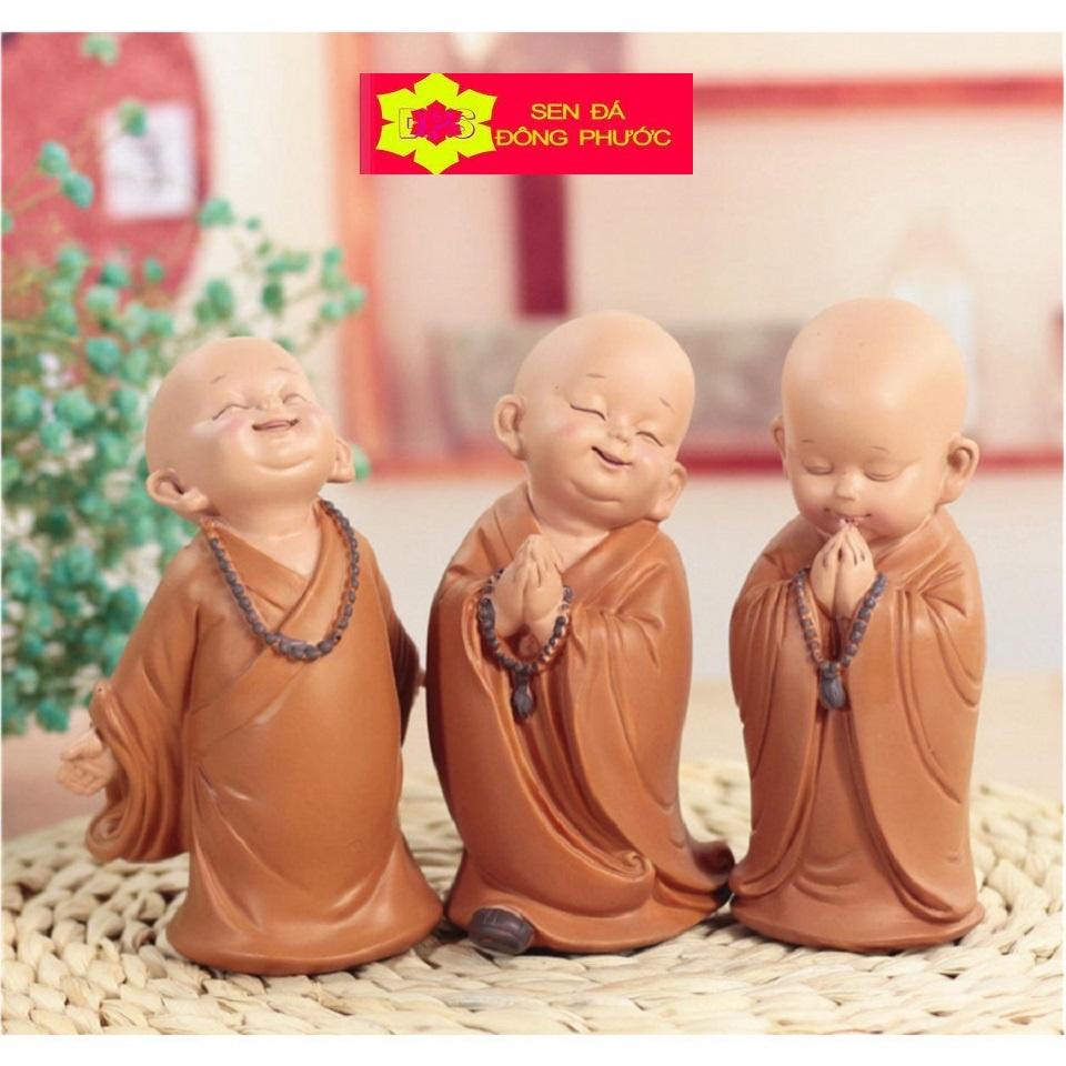 -Bộ 12 tượng chú tiểu áo lam chất liệu composite - 4 bộ Tam Không, An Nhiên Yêu đời, Hạnh Phúc - Phụ kiện trang trí
