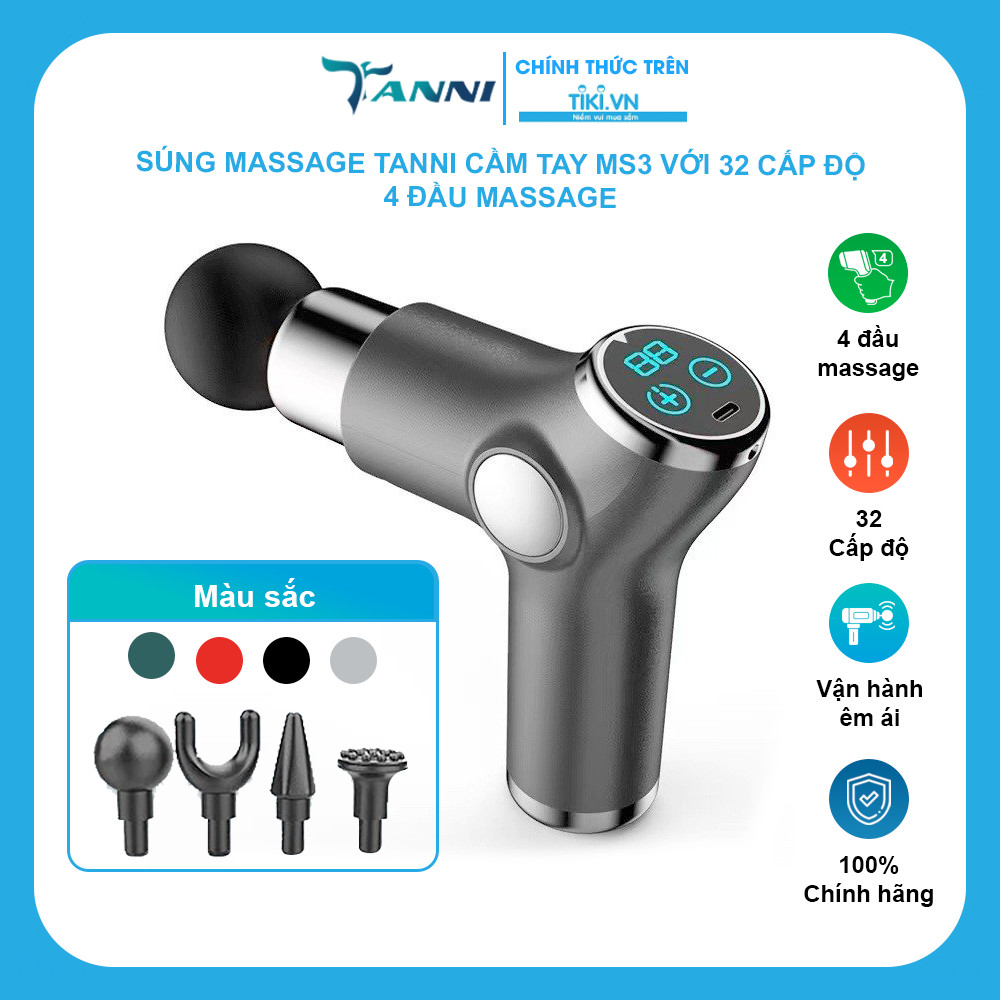 Máy Massage Cầm Tay TANNI MS3 Với 32 Cấp Độ Trị Liệu Toàn Thân , Súng Massage Giảm Đau Nhức Cơ 4 Đầu Massage BH 12 Tháng