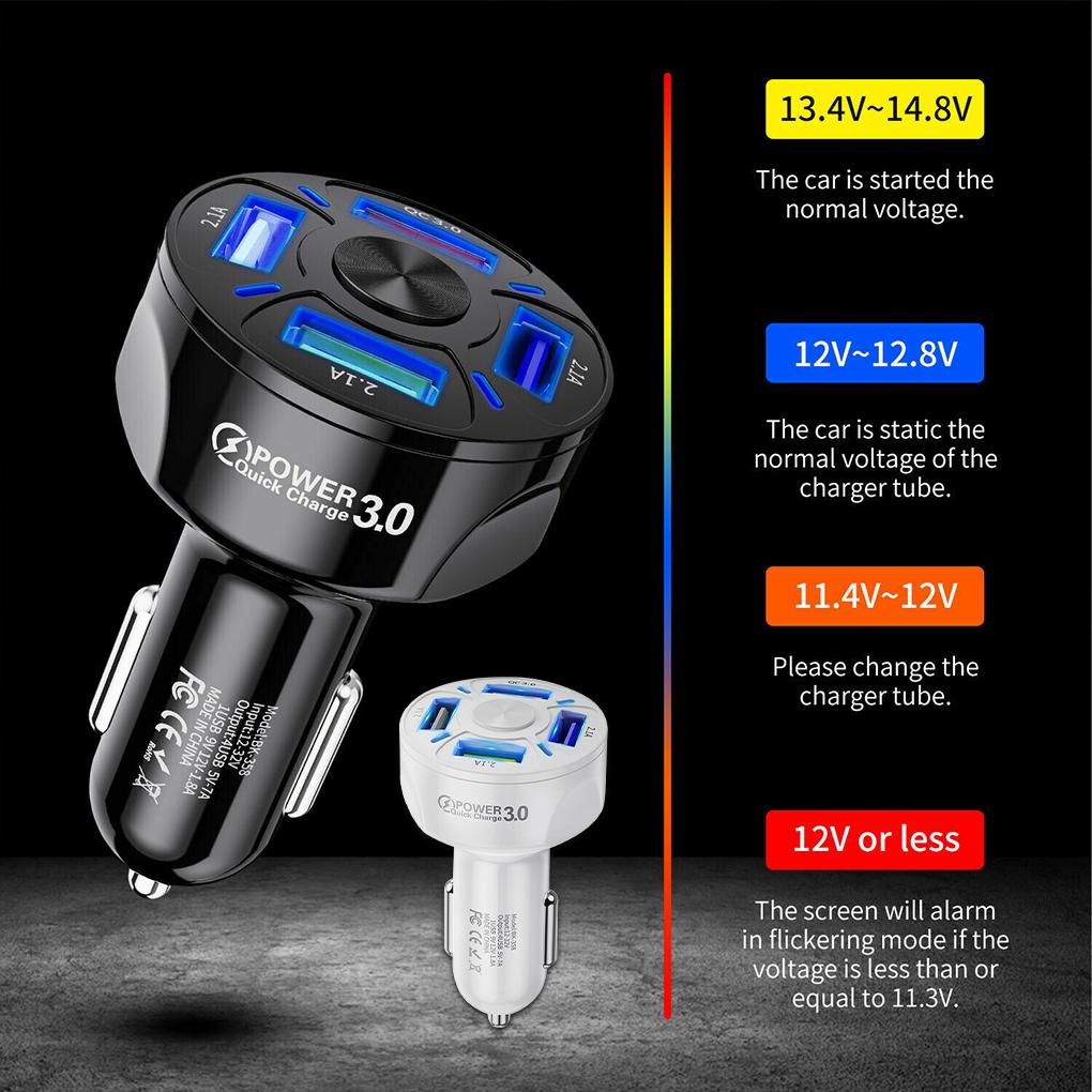Bộ sạc xe 4 cổng bộ sạc bộ sạc với đèn LED QC 3 0 Sạc nhanh điện thoại USB sạc màu đen