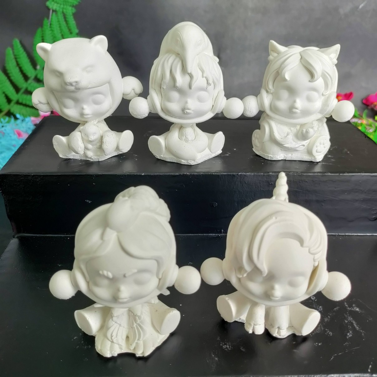 Tượng tô màu, SET 5 MẨU  SKULLPANDA 3D, size S, tượng thạch cao Trắng Đẹp Mịn