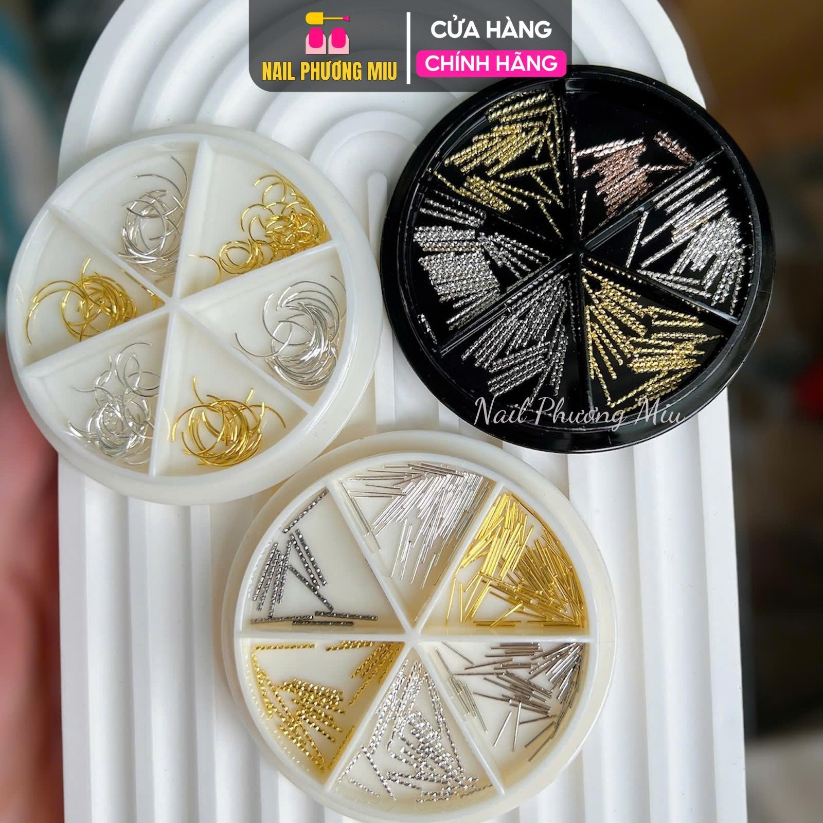 Set Charm Thẳng Cong Kim Loại Làm Nail Khay Nhựa Tròn 6 Ngăn Mix Màu Cao Cấp Trang Trí Móng Vàng, Bạc Và Đồng-nail Phương Miu Nữ Women