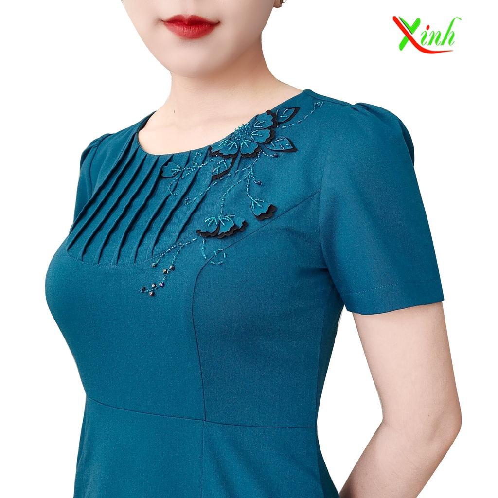 Đầm xanh vịt u kết hoa thủ công cao cấp DL922