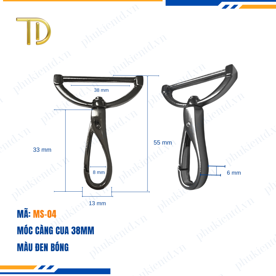 Móc càng cua túi xách,móc khóa càng cua túi xách,móc chó túi xách 38mm Mạ điện bền 5-8 năm