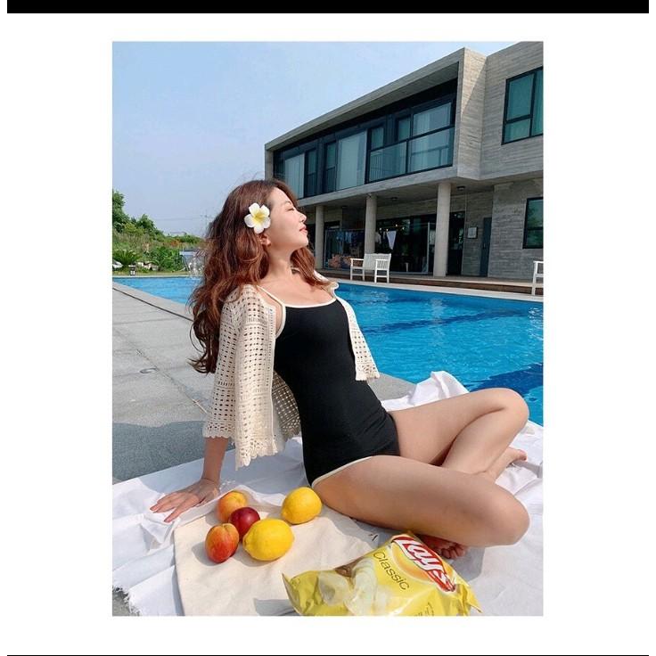Set Bikini 1 Mảnh, Bodysuit Đen Viền Trắng Khoét Lưng VATIXA BKN73