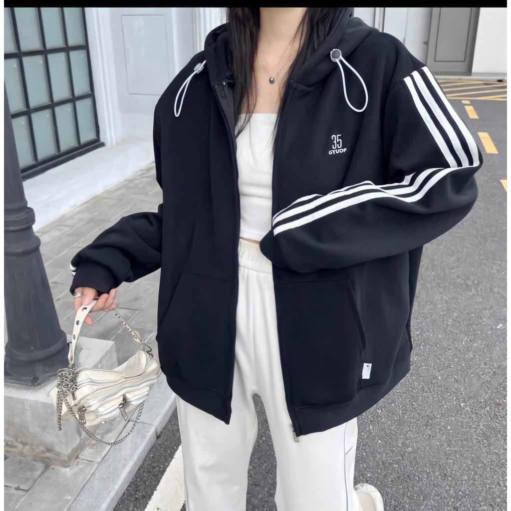 Áo Khoác Nỉ Nam Nữ Unisex Mũ Dây Rút Chạy Sọc