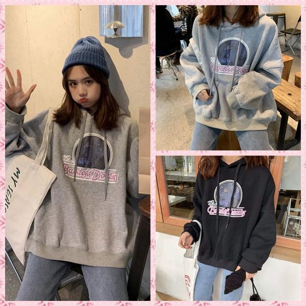 Áo hoodie mỏng dáng rộng dài tay in chữ