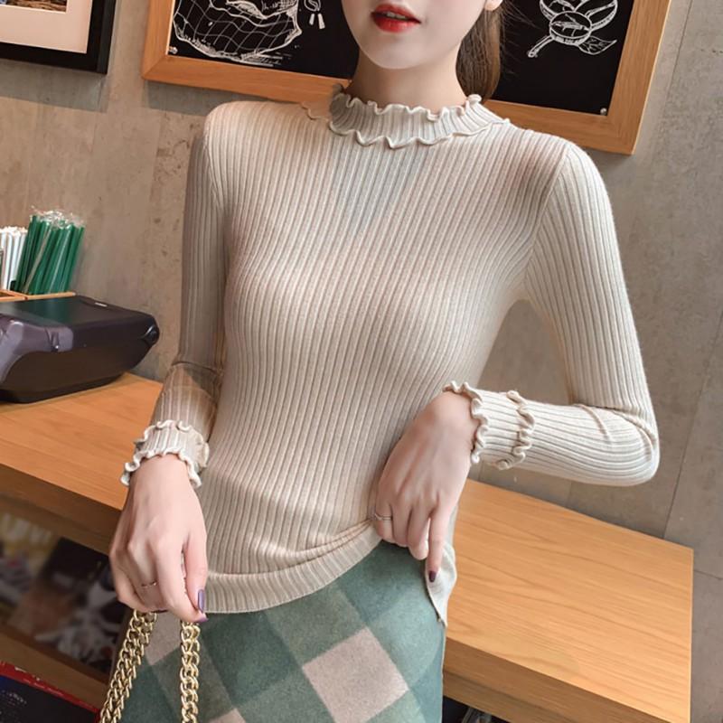 Áo Sweater dệt kim tay dài cổ lọ thiết kế màu trơn thanh lịch