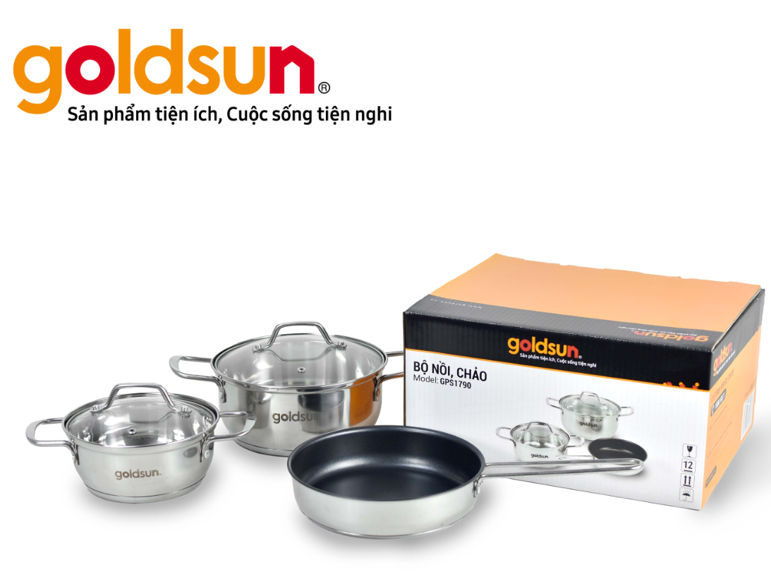 Bộ Nồi Chảo Inox Đáy Từ 3 Lớp GOLDSUN GPS1790, Inox Dập Nguyên Khối, Không Kén Bếp - Hàng Chính Hãng