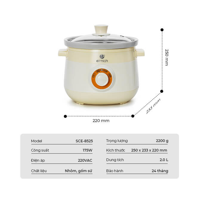 Nồi Nấu Chậm 2L Elmich SCE-8525: Chuyên Gia Nấu Cháo, Kho Cá, Chưng Yến - Hàng chính hãng