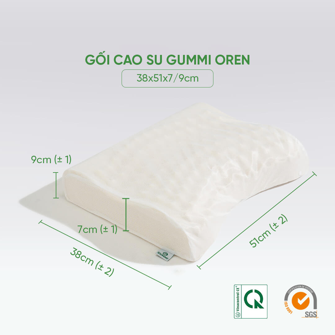 Gối cao su thiên nhiên cao cấp Gummi Oren 38x53cm thoáng khí, chống thoái hoá đốt sống cổ, an toàn cho làn da