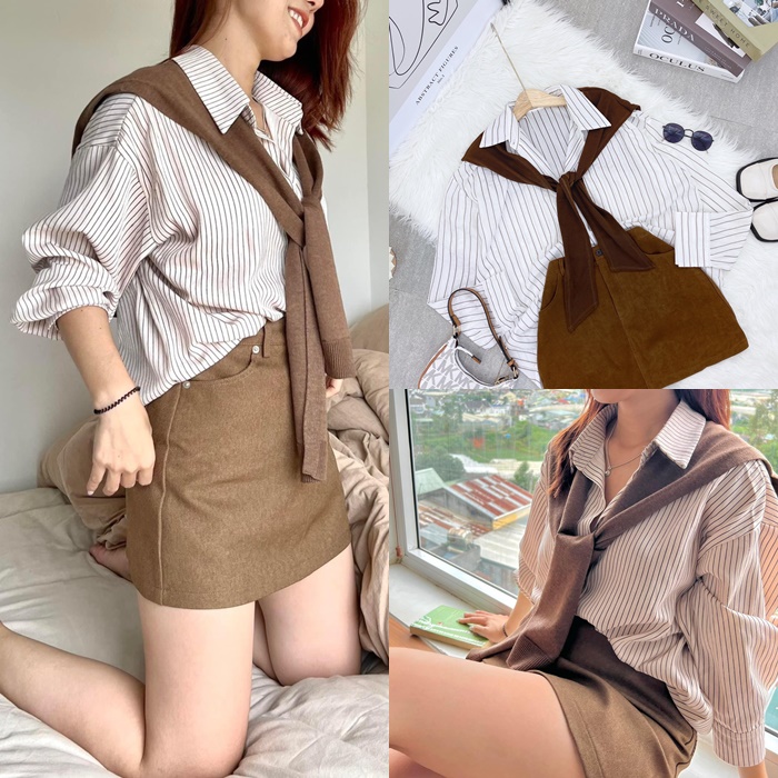 SET ÁO SƠ MI KẺ SỌC TAY DÀI NỮ + CHÂN VÁY NGẮN TRƠN DẠO PHỐ DỰ TIỆC GIÁNG SINH NOEL