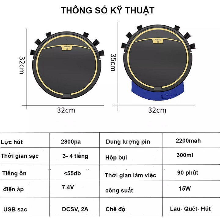 Robot Hút Bụi Tự Động Thông Minh RS300 Điều Khiển Với Nhiều Chế Độ Lau Khô Uớt 