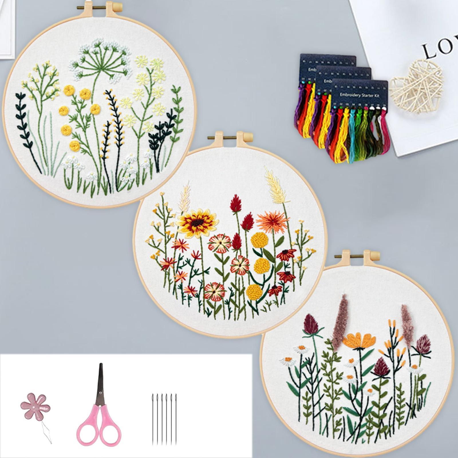 3Pcs Embroidery Set Cross Stitch Handmade Sewing Accessories Starter Tools Plants Pattern for Adults Handcraft Enthusiast