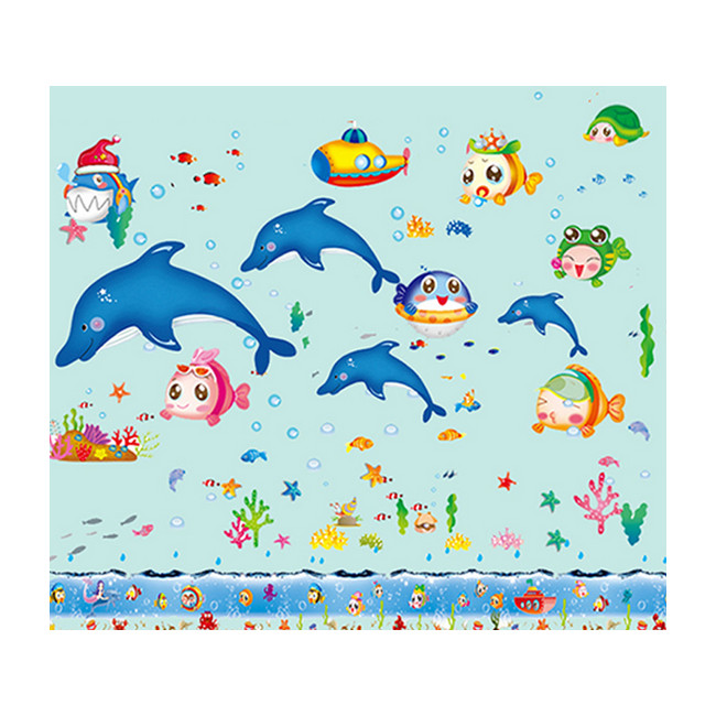 Decal Dán Tường Combo Cá Heo Xanh ,Đàn Cá Tinh Nghịch Và Chân Tường Đại Dương PK211