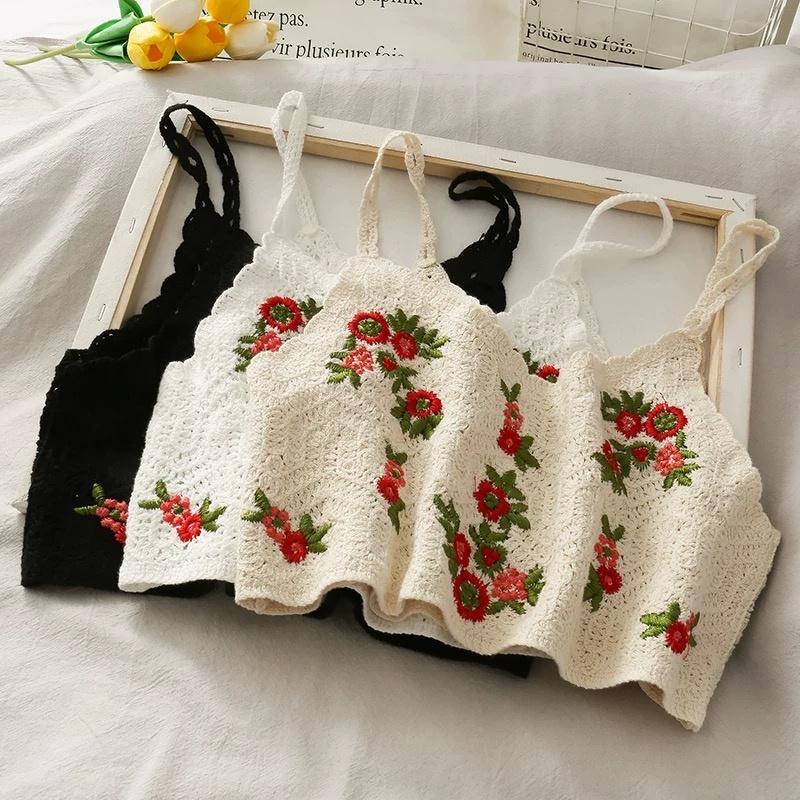 MS587 Áo hai dây lưới đan móc hoa đỏ đi biển, mix váy áo vintage