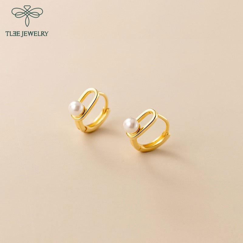 Bông tai bạc nữ TLEE mẫu tròn bấm gắn ngọc trai nhân tạo trendy TleeJewelry