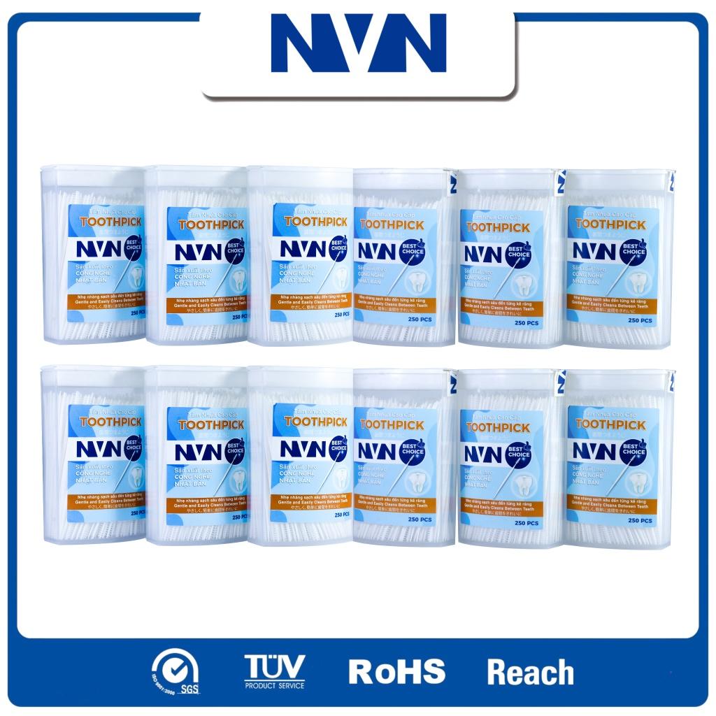 SET 12 Hộp Tăm Nhựa Cao Cấp NVN làm sạch răng miệng, cho hơi thở thơm mát (12 x Hộp 250 tăm)