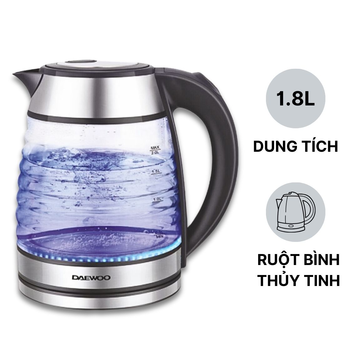 Ấm siêu tốc thủy tinh 1.7L Daewoo DWK-GL1803 thiết kế vỏ sò đèn LED độc đáo - Hàng chính hãng