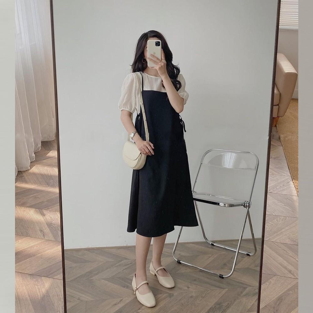 Set váy nữ dáng suông buộc dây eo - yếm kèm áo tay bồng Ulzzang S-Y