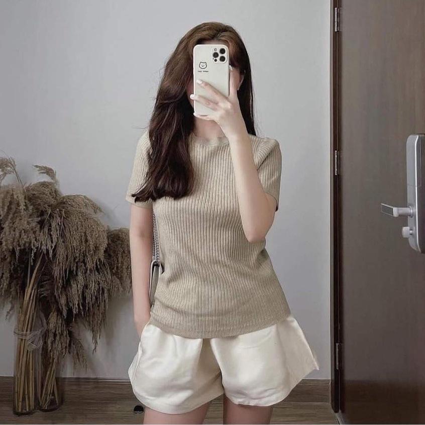 Áo Len Tăm Nữ Ngắn Tay Cổ Tròn Dáng Ôm Kiểu Basic Dệt Kim len Gân Hàng Quảng Châu Cao Cấp Dễ Phối Đồ