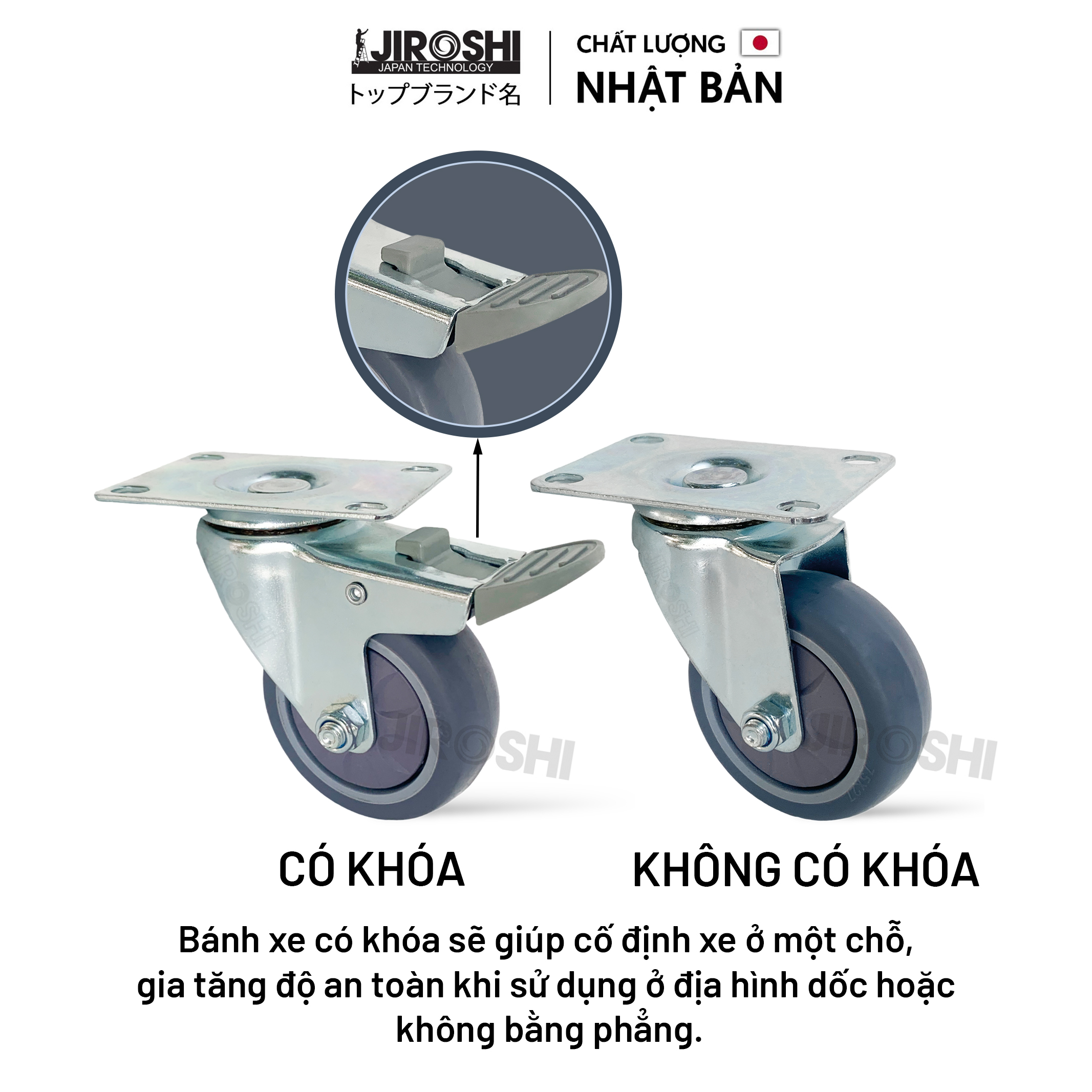 Bánh Xe Đẩy Hàng Cao Su TPR Có Bạc Đạn Và Khóa JIROSHI, Bánh Xe Chống Ồn Công Nghệ Nhật Bản,75mm