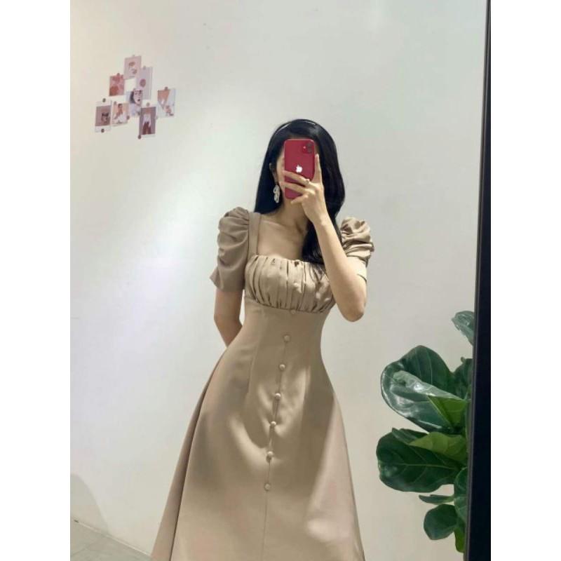 Đầm váy nữ nude xếp li ngực nút bọc TKN