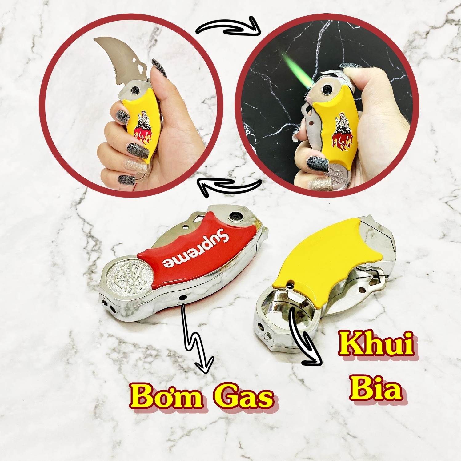 Hột quẹt bật lửa khè đồ khui bia 3IN1 kim loại - xài gas