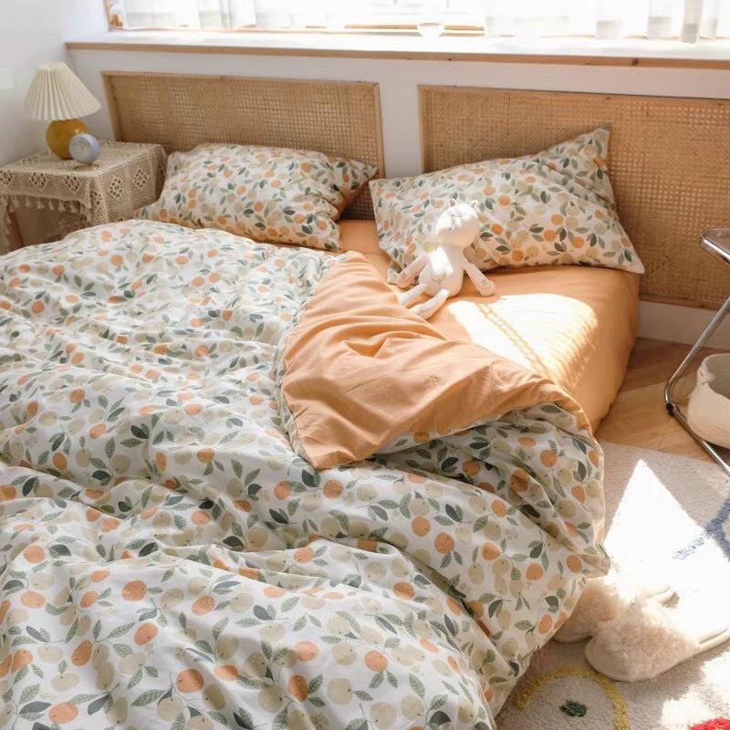 Bộ Gra Nệm Cotton Lụa Hàn Quốc Cao Cấp 5 món hoạ tiết hoa lá chất liệu mềm mát 1m2 1m4 1m6 1m8x2m