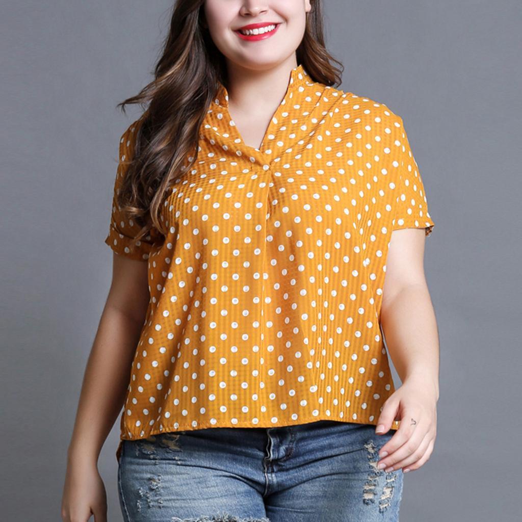 Womens Plus Size Polka Dot Short Sleeve Stand Collar V Neck Flare T-Shirt Yellow