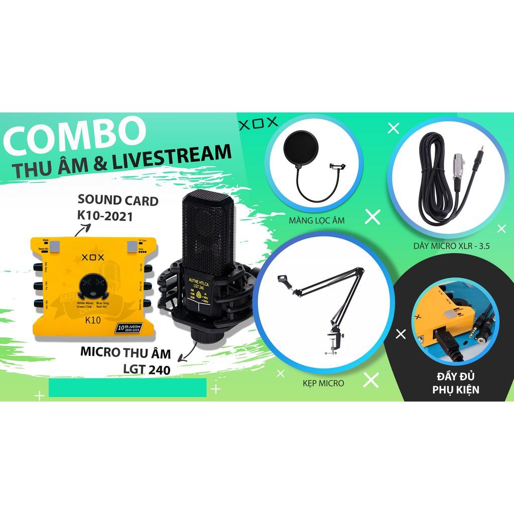 Bộ Combo livestream thu âm karaoke micro LGT 240 Sound card XOX K10 - Full phụ kiện ma1 kẹp micro, màng lọc, tai nghe