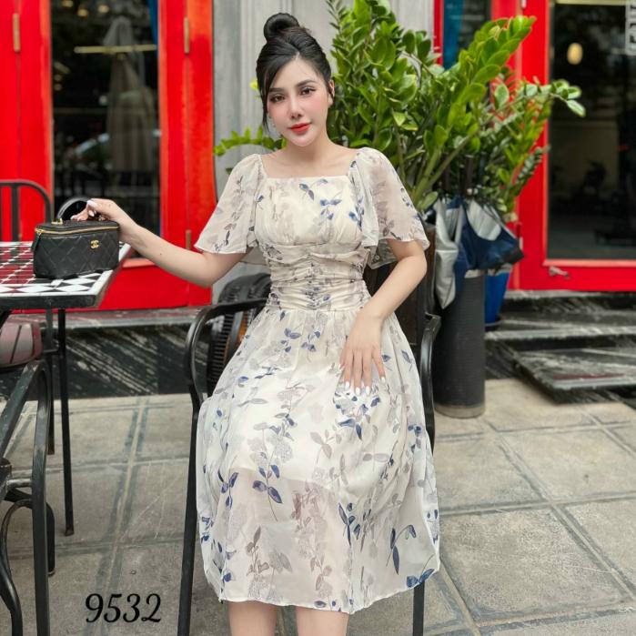 Đầm váy nữ hoa cổ vuông tay bồng dự tiệc màu trắng nhẹ nhàng