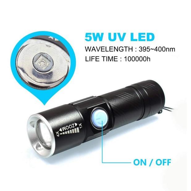 Đèn Led UV 5W pin sạc cổng USB vỏ hợp kim XY612-2