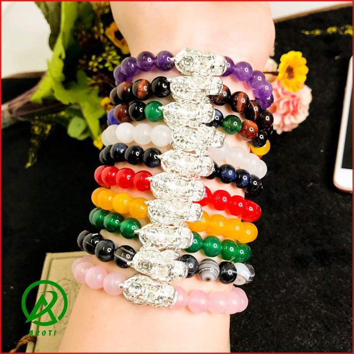 Vòng Tay Phong Thủy - Vòng Tay Mã Não 8mm Mix Long Quy Bạc Độc Lạ V381-8