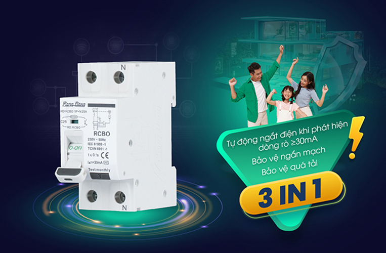 Aptomat chống giật Rạng Đông Model: RD.RCBO 1P+N 25A tích hợp 3 tính năng trong 1- Hàng Chính Hãng