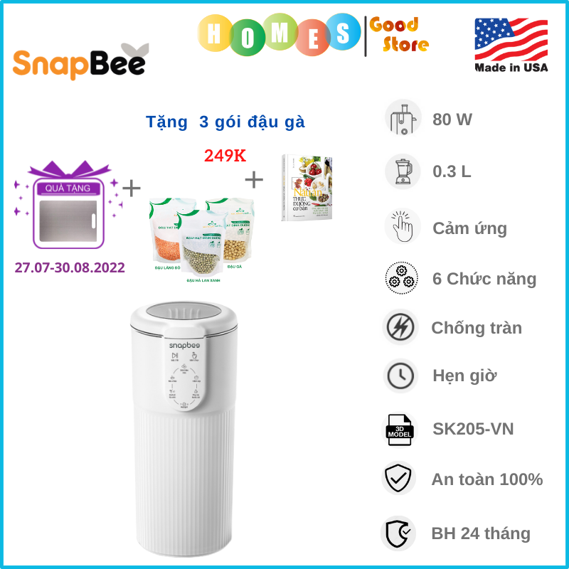 Máy Làm Sữa Hạt Mini Không Ồn SNAPEE SK205VN Thế Hệ Mới Thương Hiệu Mỹ, 5 Chức Năng Tích Hợp Dung Tích 0.3 Lít, Công Suất 80 W - Hàng Chính Hãng