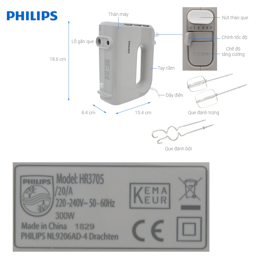 Máy đánh trứng cầm tay Philips HR3705/20 công suất 300W, bảo hành 2 năm - Hàng chính hãng