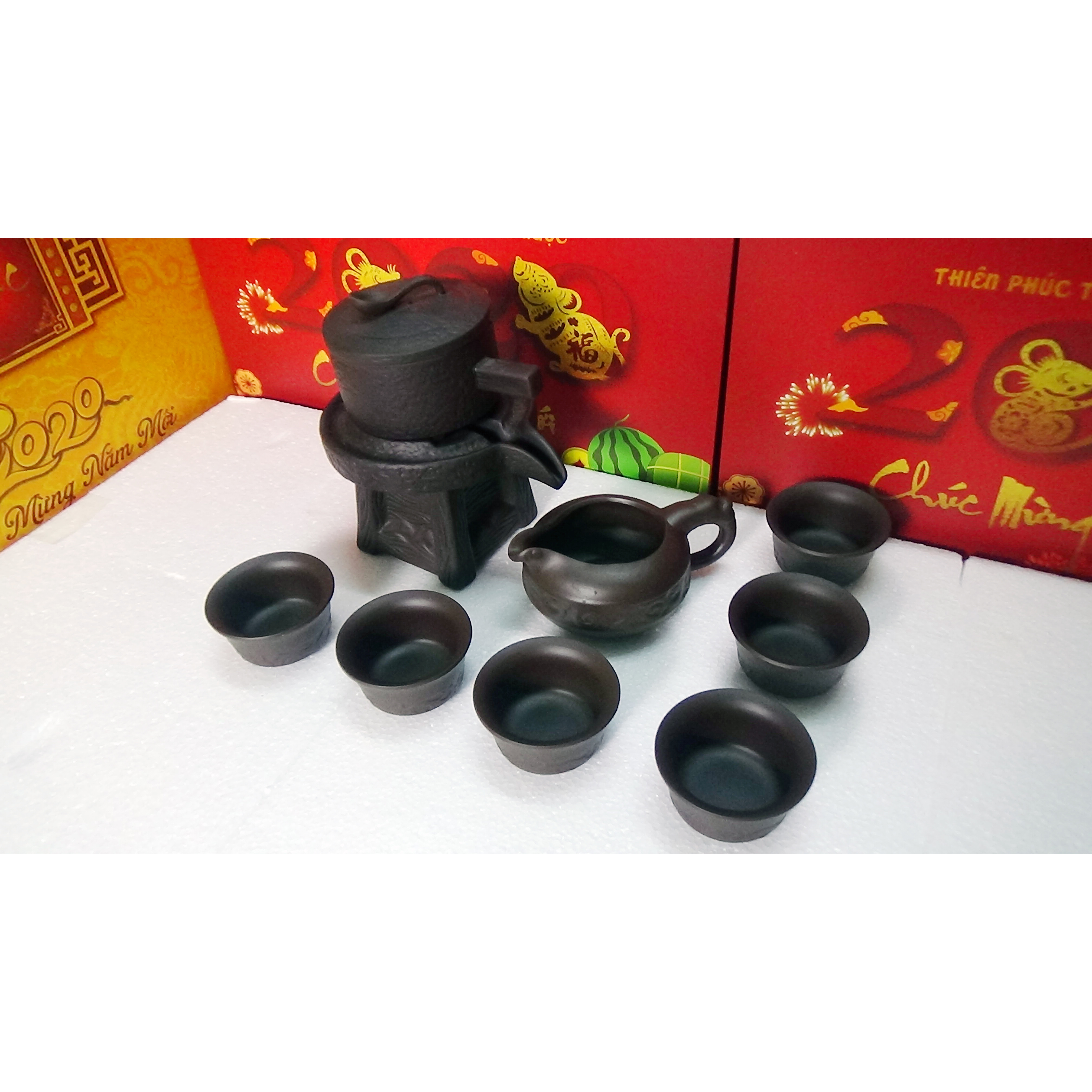 Hộp quà tết cao cấp 2020 độc đáo Bộ ấm chén GỐM RỒNG nhập khẩu tô đậm nghệ thuật Trà Đạo Á Đông 