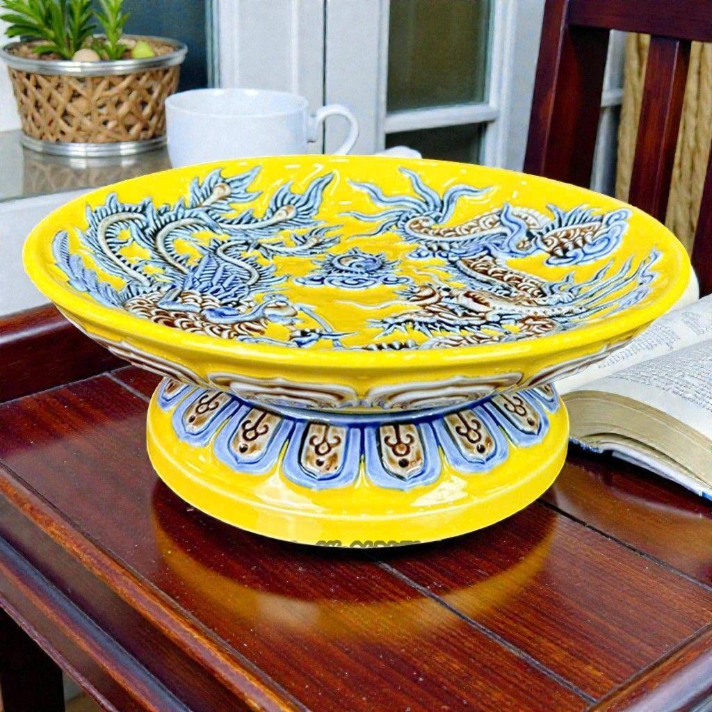 Mâm Bồng Rồng Đắp Nổi Men Vàng RỒNG VIỆT - Mâm Quả Bát Tràng cho Gia Tiên và Thần Tài