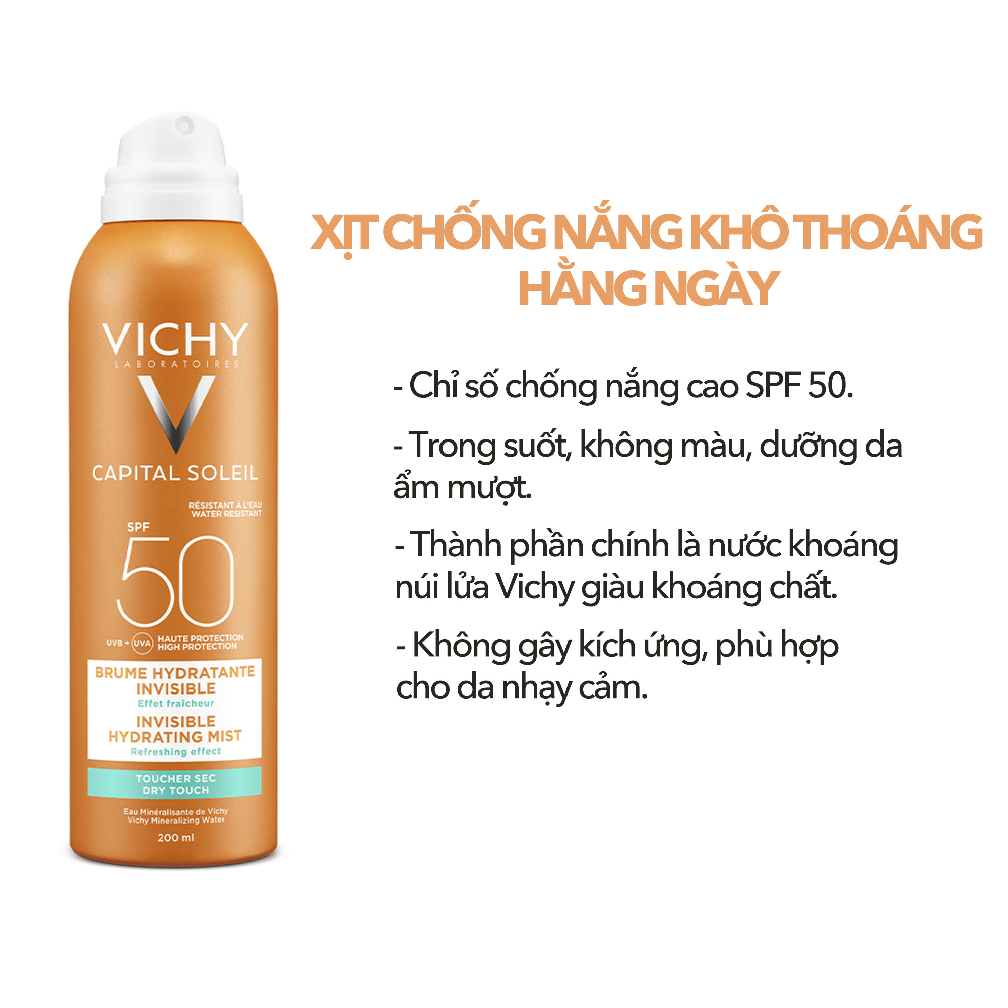 Xịt Chống Nắng Toàn Thân Lâu Trôi Vichy Capital Soleil SPF50+ 200ml (Tặng băng đô mèo xinh xắn)
