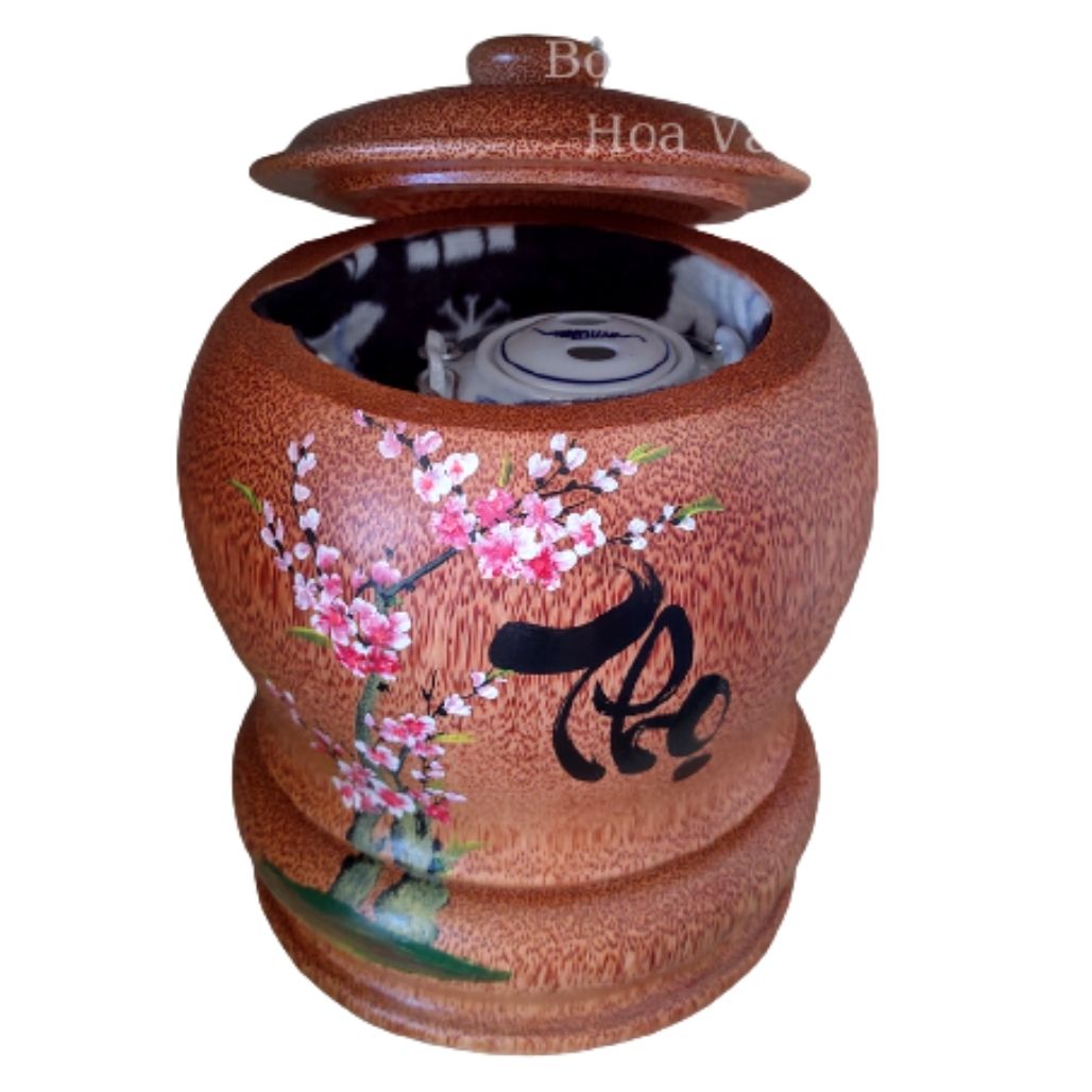 Bình Trà Gỗ Dừa Hoa Văn Lồng Chữ Thọ Và Bình Trà 700 - 950ml - Sản Phẩm Được Sản Xuất Tại Bến Tre