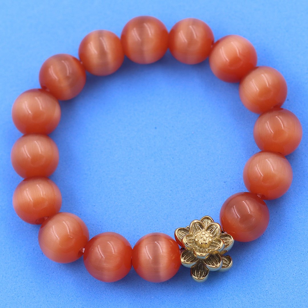 Vòng chuỗi đeo tay đá mắt mèo cam hồng 12 ly charm hoa sen inox vàng, vòng chuỗi phong thuỷ, bông sen inox, vòng chuỗi hạt, vòng chuỗi tay charm bông sen inox