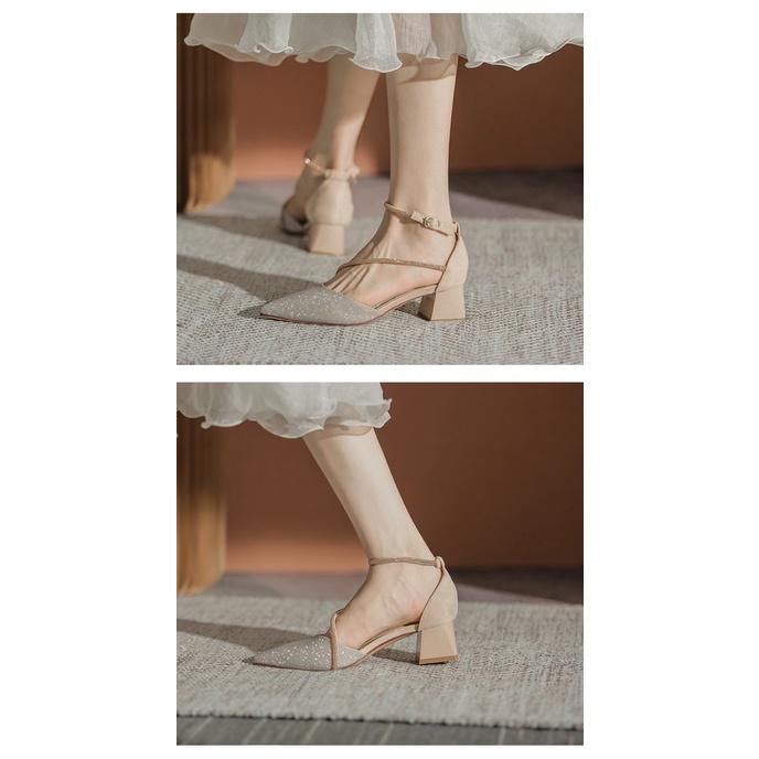 Giày Sandal Cao Gót Mũi Nhọn Đính Đá Chất Liệu: Da Lộn Ở Gót Mềm Cao Cấp, Đế Cao Su 030